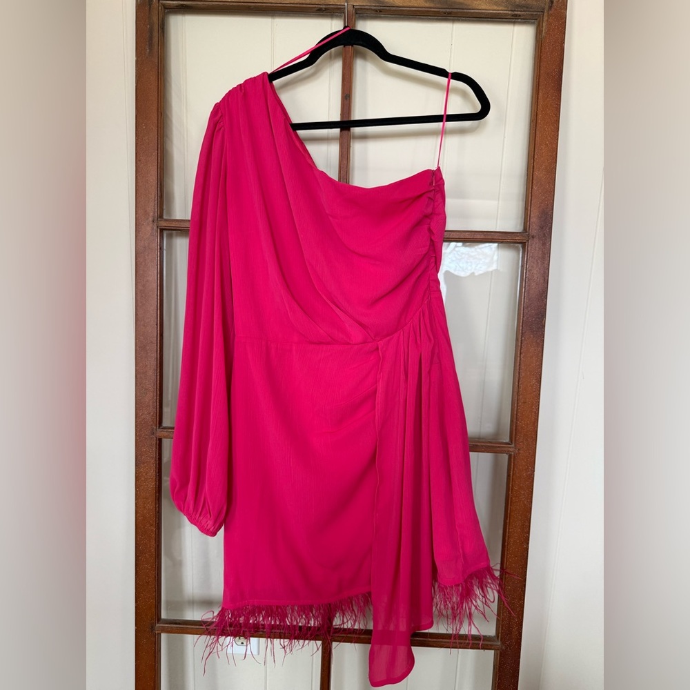 VICI Gaze One Shoulder Feather Bold Hot Pink Mini Party Cocktail Dress - Large - Picture 5 of 8